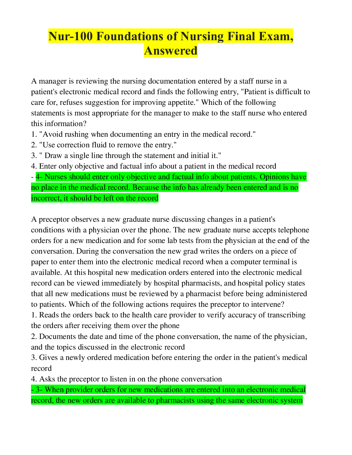 Preview image for Nur-100 Foundations of Nursing Final Exam, Answered